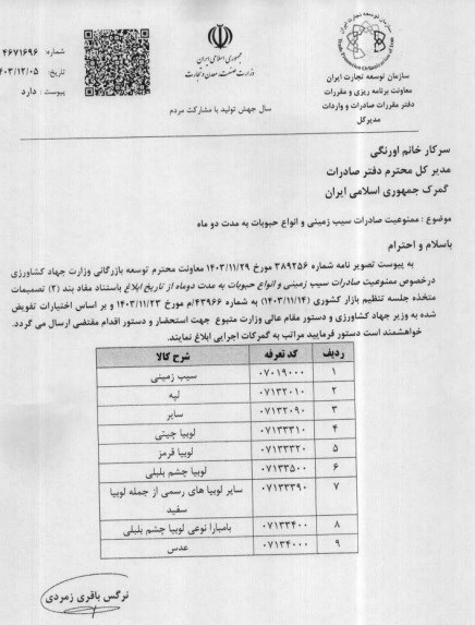ترمز صادرات سیبزمینی و حبوبات کشیده شد ترمز صادرات سیبزمینی و حبوبات کشیده شد