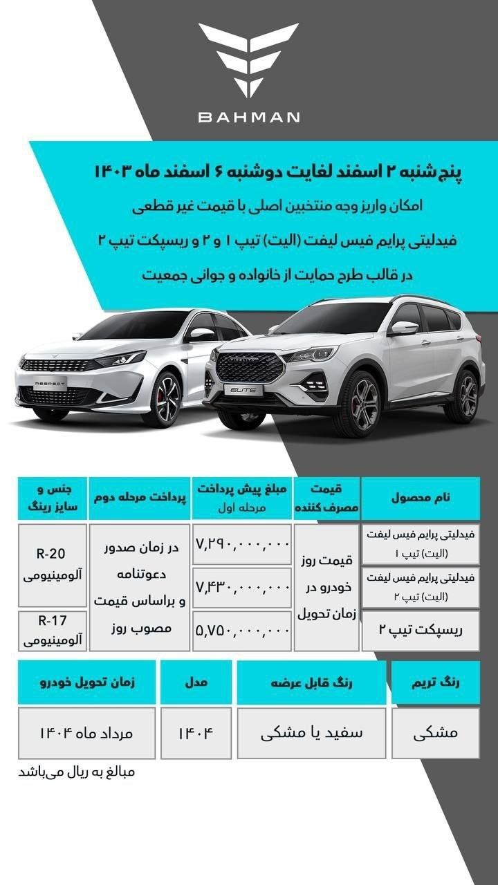 شرایط واریز وجه محصولات بهمن موتور اسفند 1403 شرایط واریز وجه محصولات بهمن موتور اسفند 1403