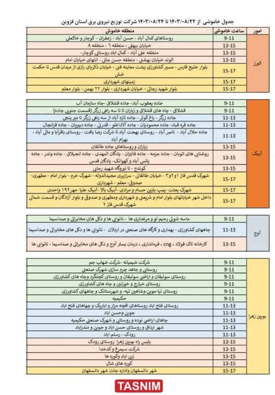 زمانبندی خاموشی برق در قزوین اعلام شد + جدول زمانبندی خاموشی برق در قزوین اعلام شد + جدول