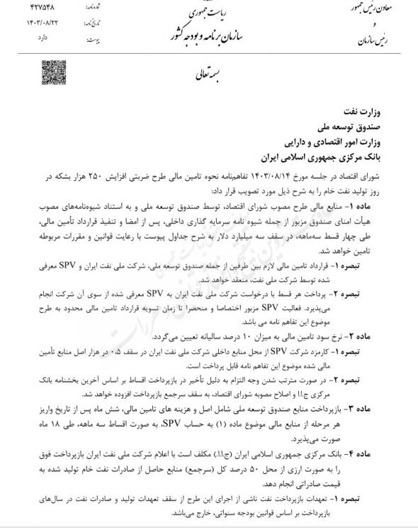 ابلاغ نحوه تامین مالی طرح ضربتی افزایش تولید ۲۵۰ هزار بشکه نفت ابلاغ نحوه تامین مالی طرح ضربتی افزایش تولید ۲۵۰ هزار بشکه نفت