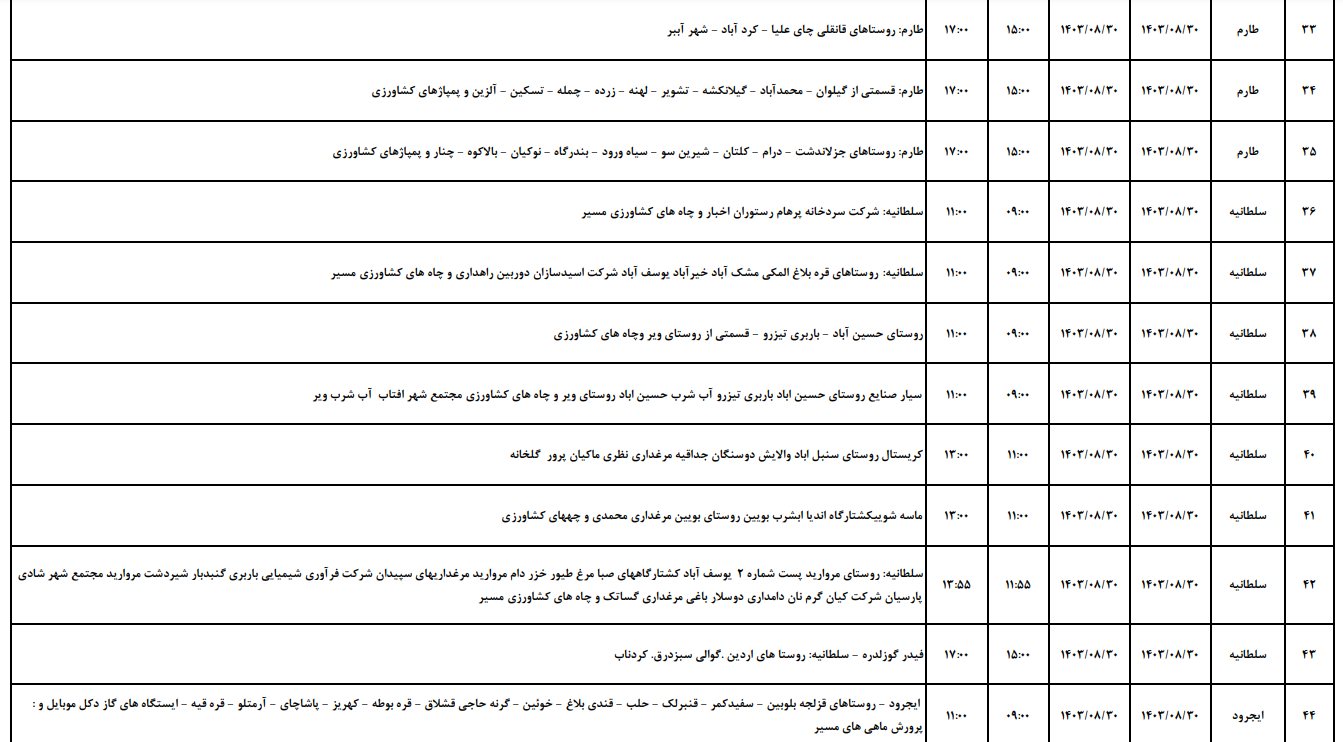 برنامه قطعی برق زنجان ۳۰ آبان ۱۴۰۳ برنامه قطعی برق زنجان