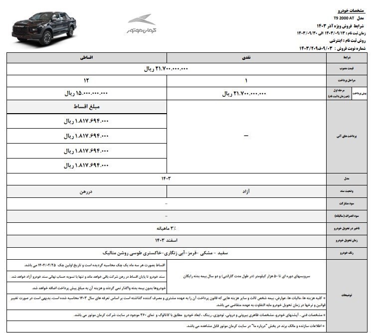 ثبت نام خودروهای کرمان موتور ویژه آذر ۱۴۰۳+ شرایط فروش نقد و اقساط و سایت ثبت نام ثبت نام خودروهای کرمان موتور ویژه آذر ۱۴۰۳+ شرایط فروش نقد و اقساط و سایت ثبت نام