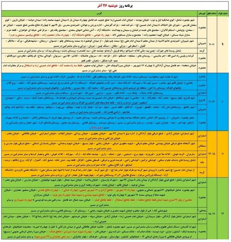 جدول قطعی برق بجنورد ۲۶ آذر ۱۴۰۳ جدول قطعی برق بجنورد
