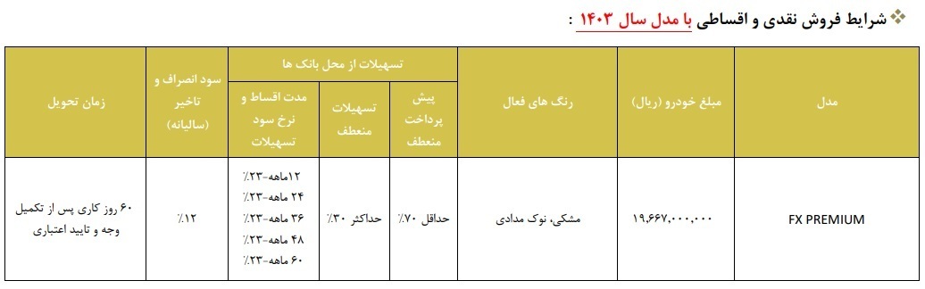 شرایط فروش نقد و اقساطی مدیران خودرو فونیکس FX آذر ۱۴۰۳ شرایط اقساطی مدیران خودرو