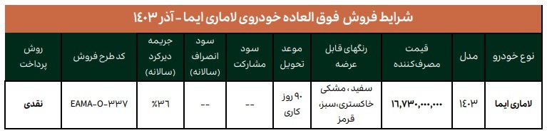 فروش فوق العاده خودرو لاماری ایما ویژه آذر 1403+ قیمت و شرایط فروش فوق العاده خودرو لاماری ایما ویژه آذر 1403+ قیمت و شرایط