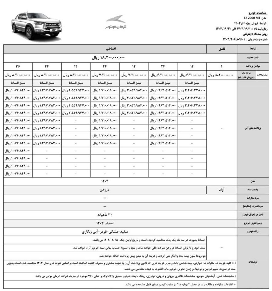 بخشنامه فروش اقساطی KMC T8 کرمان موتور آذر 1403 بخشنامه فروش اقساطی KMC T8 کرمان موتور آذر 1403