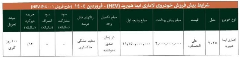 ثبت نام خودرو لاماری هیبرید امروز ۲۶ فروردین ۱۴۰۴+ شرایط + قیمت و لینک ثبت نام خودرو لاماری هیبرید امروز ۲۶ فروردین ۱۴۰۴+ شرایط + قیمت و لینک