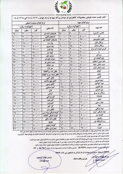 قیمت عمده و نرخ روز میوه و صیفیجات تعیین شد+ جدول قیمت عمده و نرخ روز میوه و صیفیجات تعیین شد+ جدول