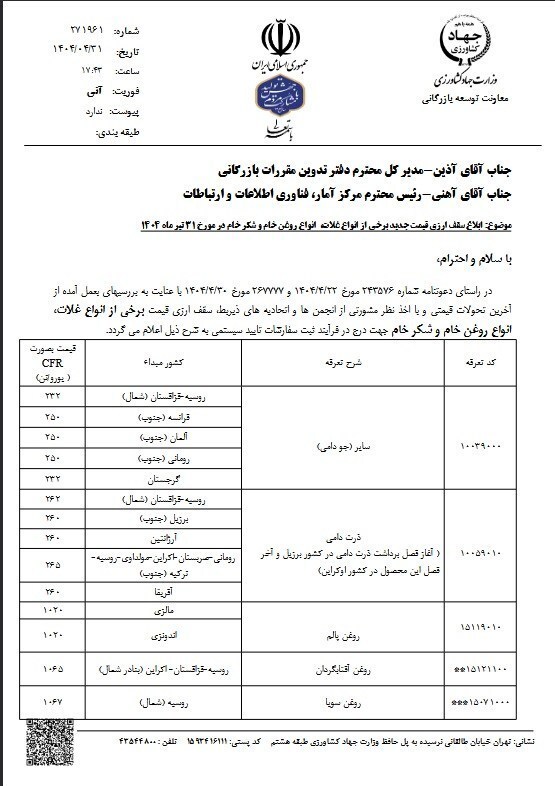 قیمت مصوب جدید نهادههای دامی، روغن و شکر خام اعلام شد قیمت مصوب جدید نهادههای دامی، روغن و شکر خام اعلام شد