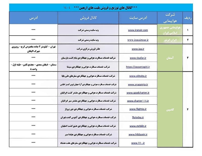 لیست کانالهای عرضه و فروش مجاز بلیت پروازهای اربعین ۱۴۰۴ منتشر شد لیست کانالهای عرضه و فروش مجاز بلیت پروازهای اربعین ۱۴۰۴ منتشر شد