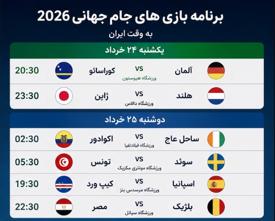 بازی های امشب جام جهانی ۲۰۲۶ یکشنبه ۲۴ خرداد بازی های امشب جام جهانی ۲۰۲۶